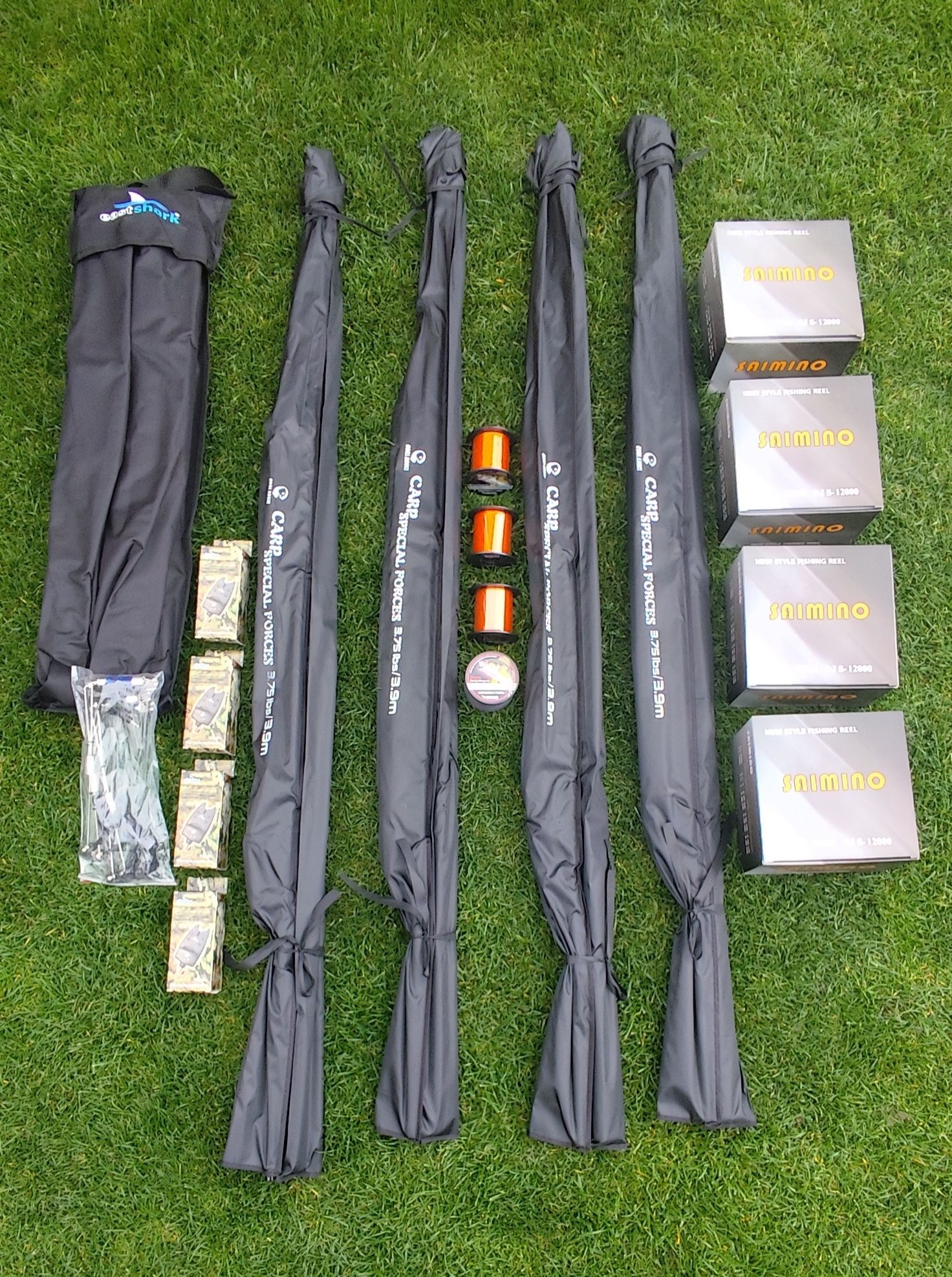 Set 4 Lansete Carbon 3,90m,3,75 LBS,4 Mulinete 10000,Rod Pod Echipat