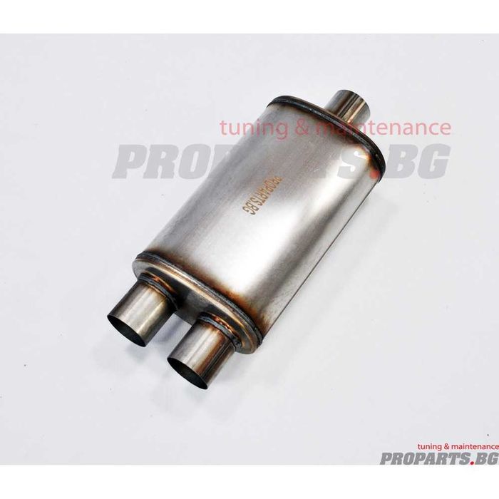 Плоско спортно гърне ауспух с един вход и два изхода на 63 или 76 mm