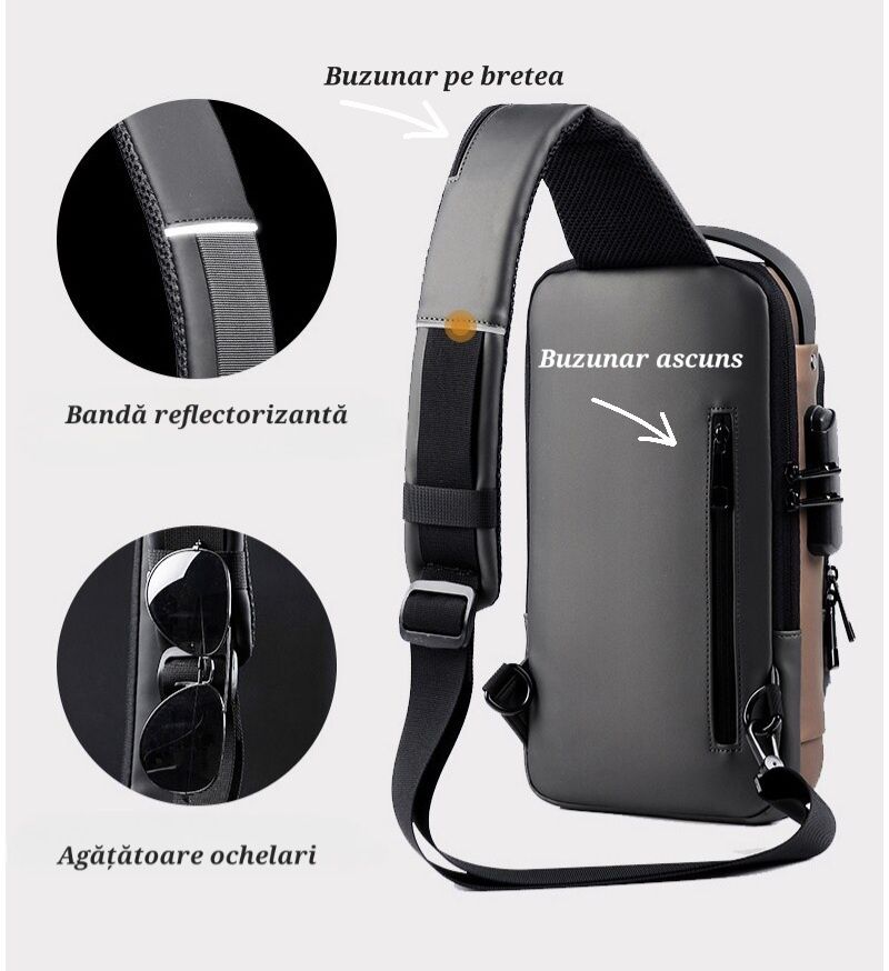 Borsetă Antifurt cu Cifru. Spațioasă/Multe buzunare. Mufa&Cablu USB.