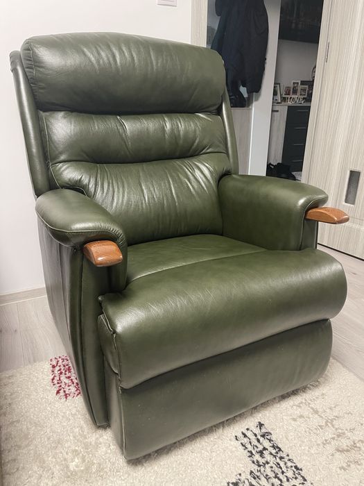 Fotoliu din piele modern cu manere de lemn si roti