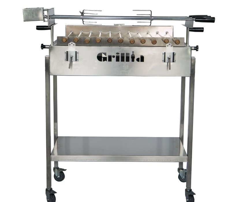 Gratar carbune BBQ FULL INOX, 3 rotiserie in linie si 11 frigarui