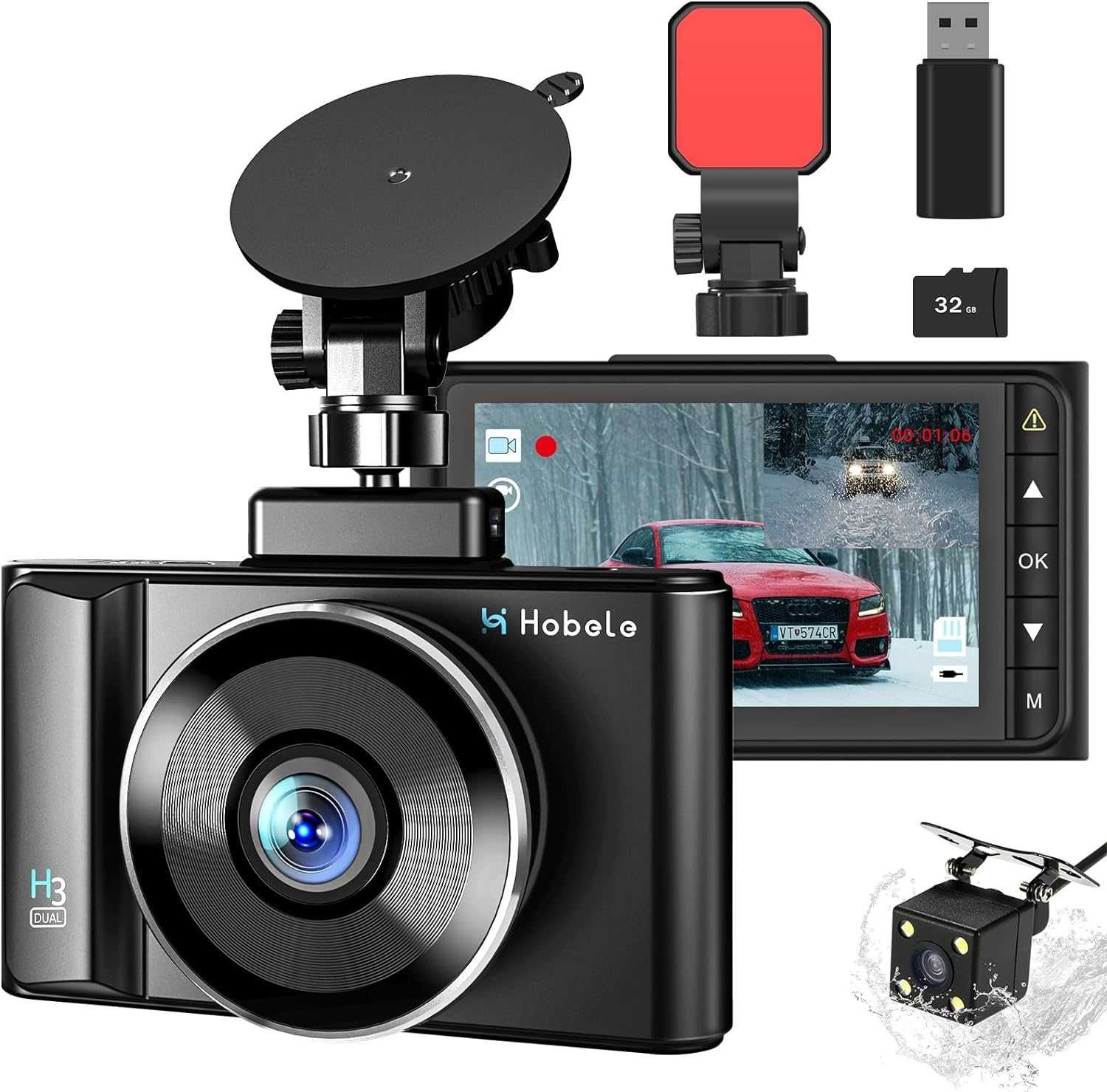 Hobele Dashcam отпред и отзад, двоен рекордер за кола с 32G SD, 1080P