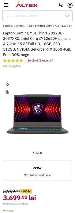 Laptop Msi Extreme Gaming i7 12650H RTX 3050 144Hz