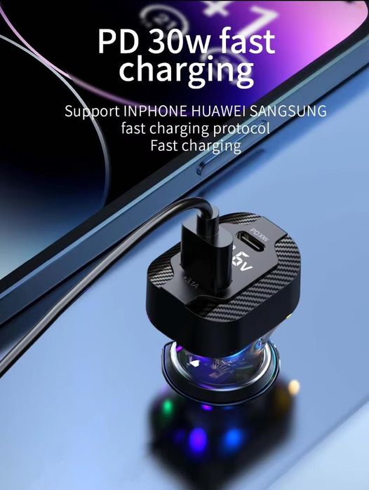 автомобилно зарядно за телефон rgb light pd30w usb c, волтметър ...