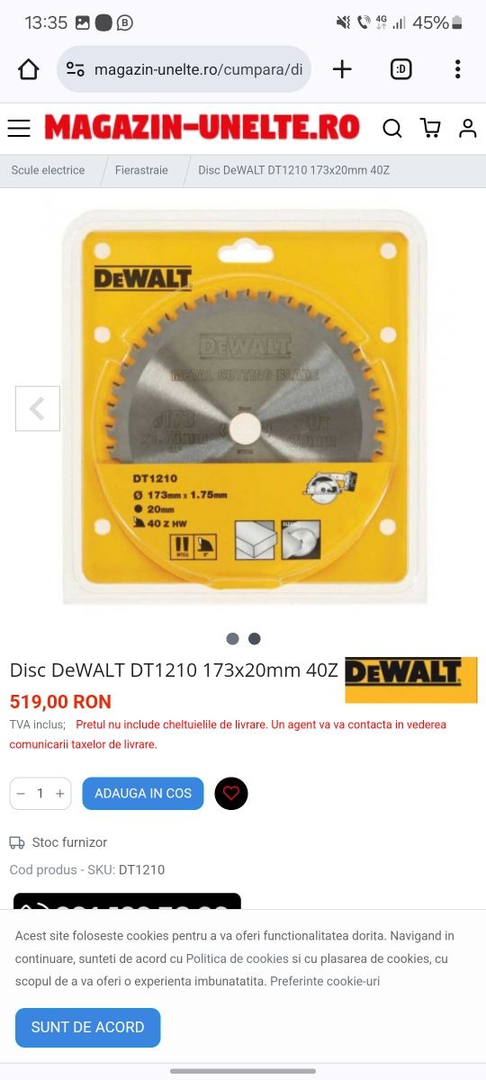 Disc/ Panza Metal Fierastrau Circular Dewalt DT1210