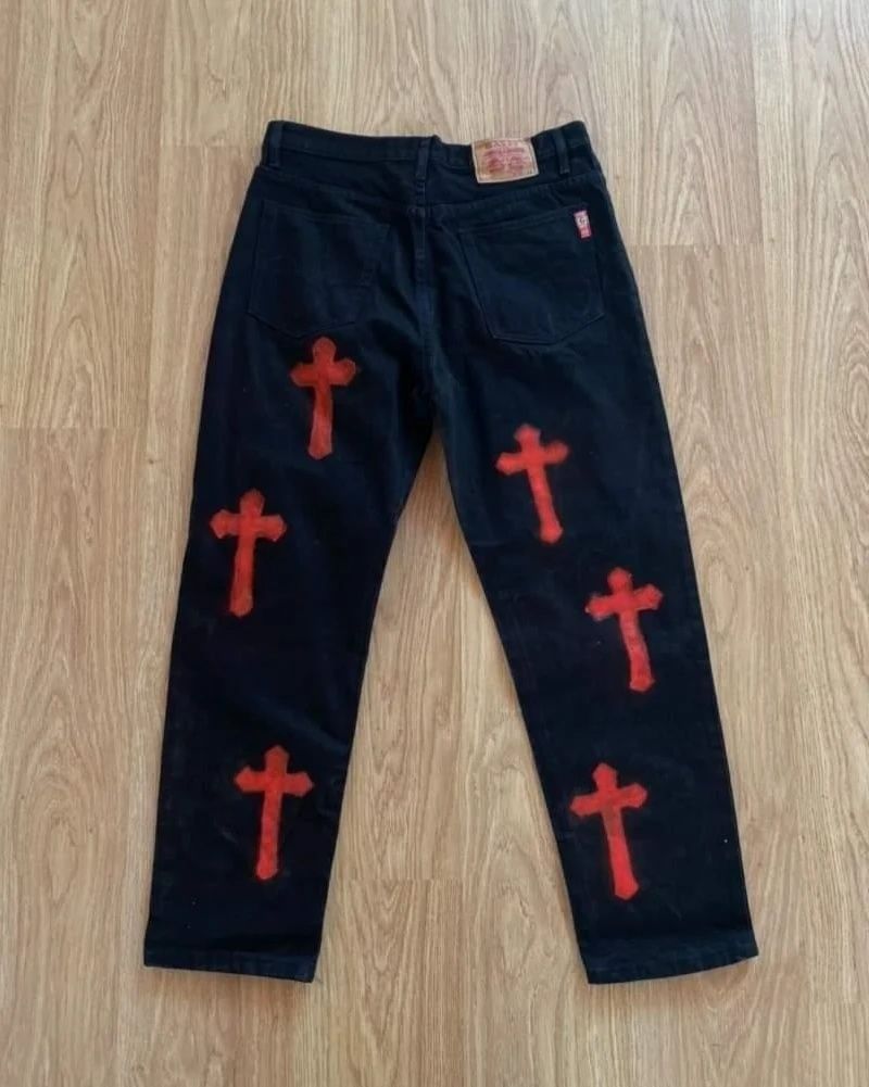 Blugi custom made red crosses handmade y2k ed hardy stassy