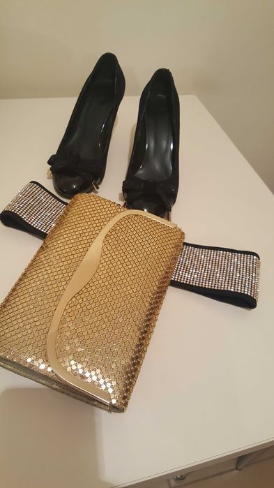 Set superb curea geanta si pantofi 36.5 negru auriu