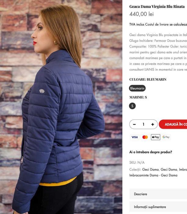 Geaca dama, 36, 'Virginia Blu', albastru, nou, calitate