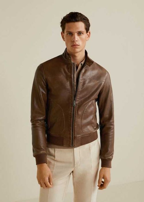 Geaca Piele de oaie Toamna-Primavara MANGO Biker Maro-Coniac Scurta