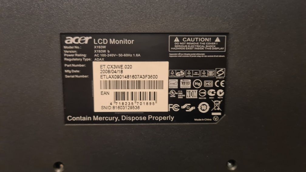 Monitor Acer LCD 19 "  Model x193w