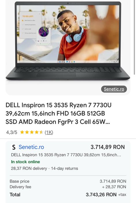 Dell Inspiron 3535 15.6" FHD, Ryzen 7-7730U, 16gb Ram, SIGILAT