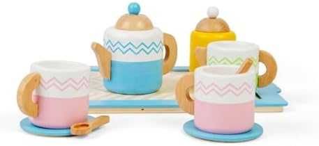 Нов Дървен комплект за чай с поднос 10 части играчка за деца 18 месеца