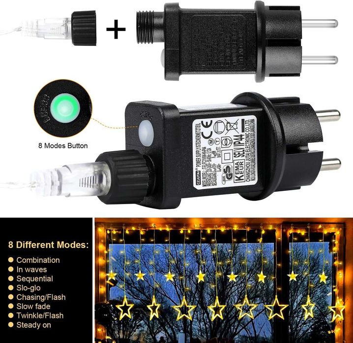 НОВО! Светлинна завеса 12 звездички, 138 LED, 8 режима, таймер, 2.3 м