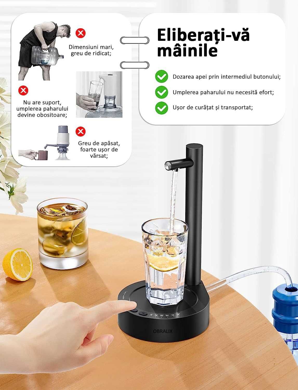 Dozator apa, pompa electrica, 7 moduri, cu acumulator, OBRALIX®