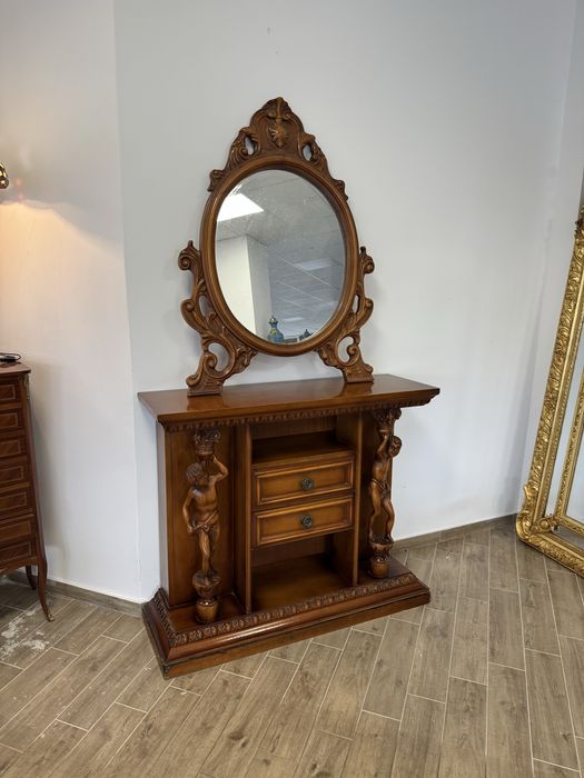 Comodă deosebită din lemn cu sculpturi și oglindă