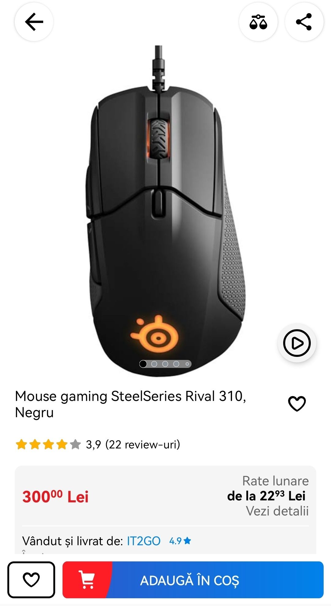Mouse gaming SteelSeries Rival 310, Negru