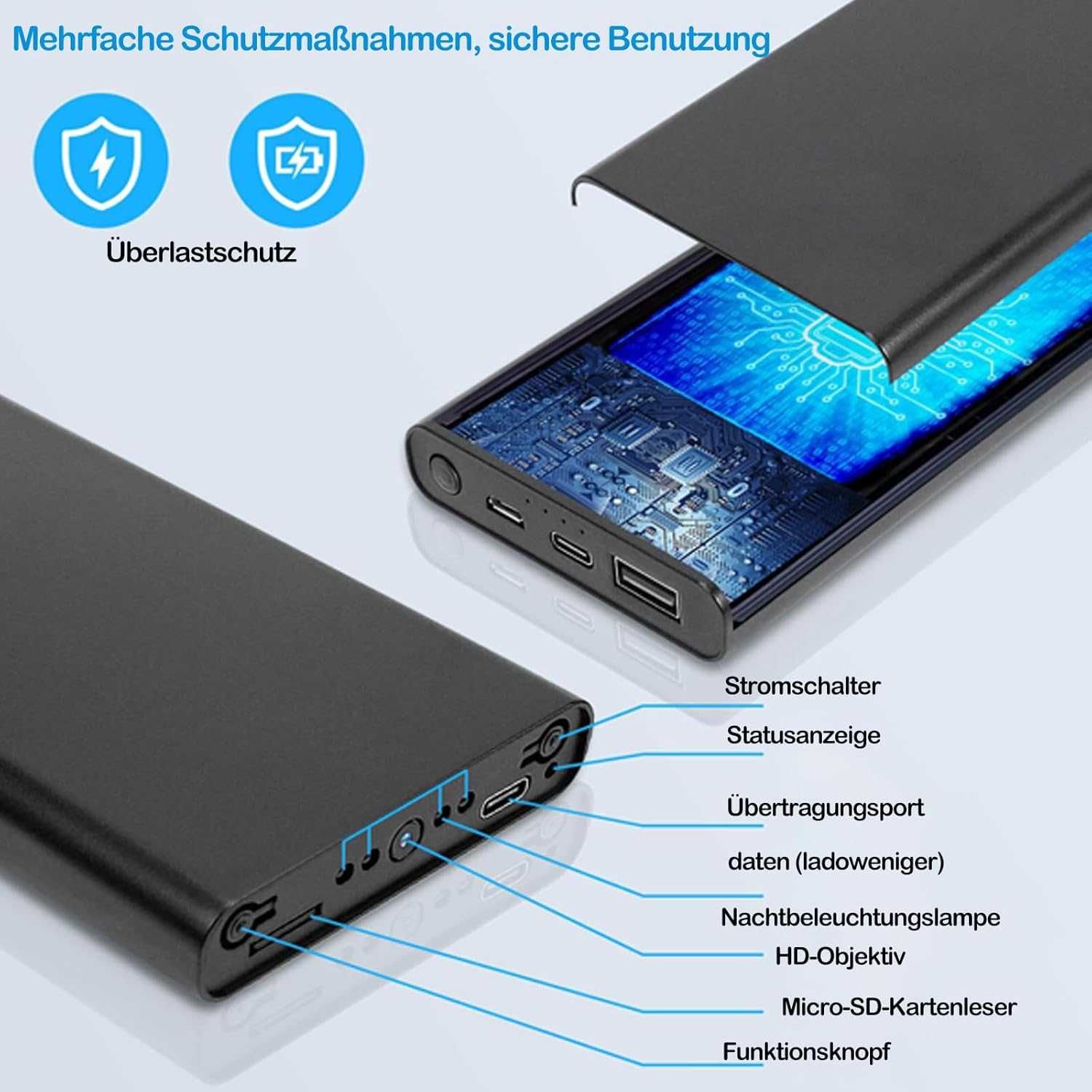 Cameră spion 1080p, cu powerbank de 10.000 mAh, filmare nocturna + SD