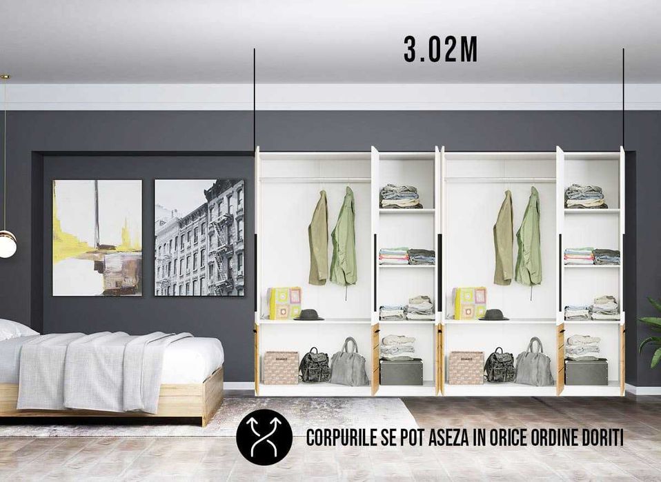 Dressing 3.02m / Dulap Dormitor Timea - Transport Gratuit in 4-10 zile