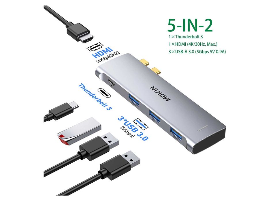 Удобный адаптер для Макбука с HDMI и 3 USB 3.0 + 1 Thunderbolt