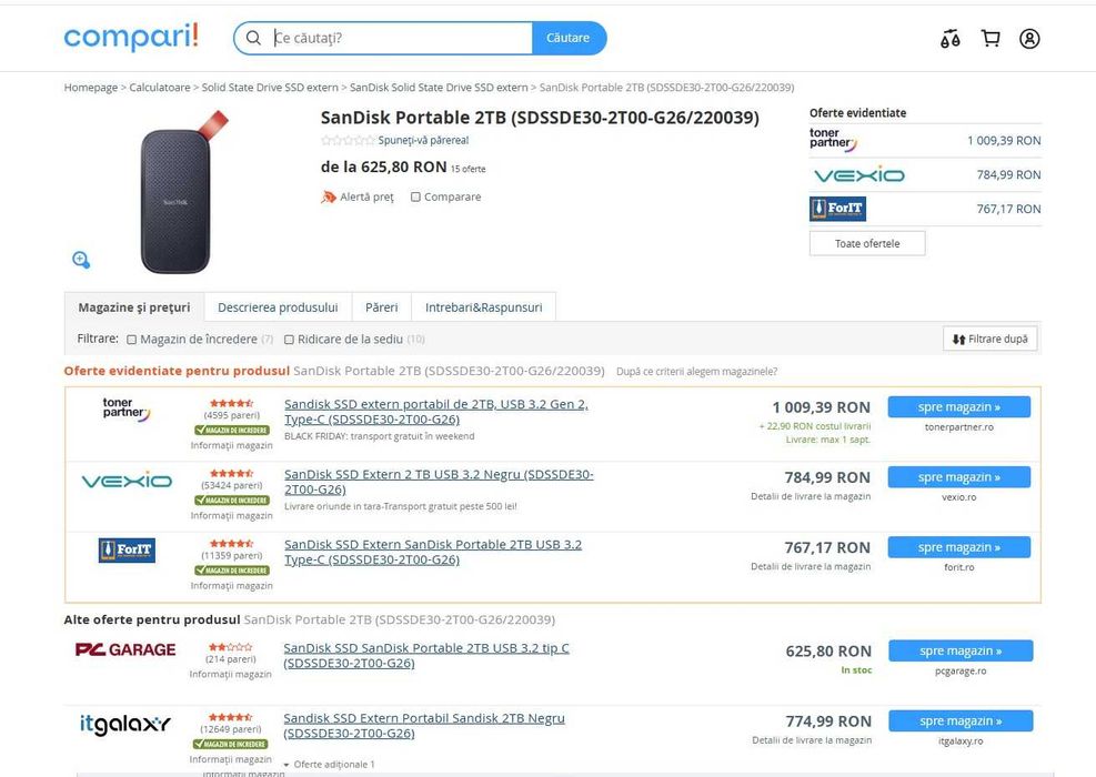 ssd portabil ,SSD SanDisk Portable 2TB USB 3.2 tip C , noi sigilate