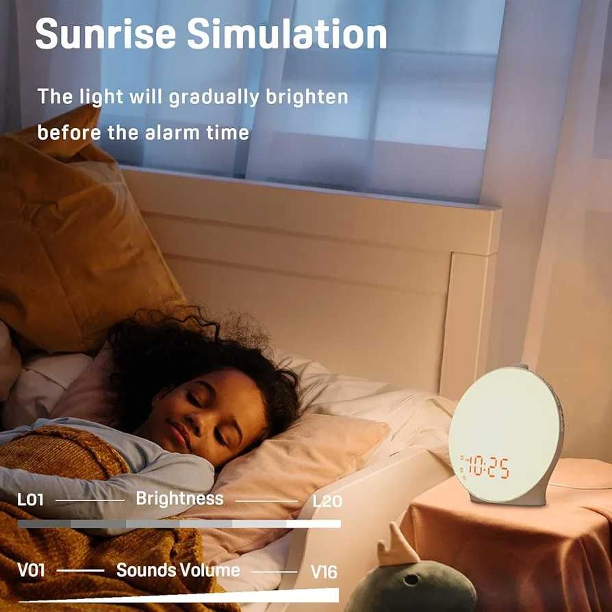 Светлинен будилник зa спалня, със симулация на изгрев, , FM радио,