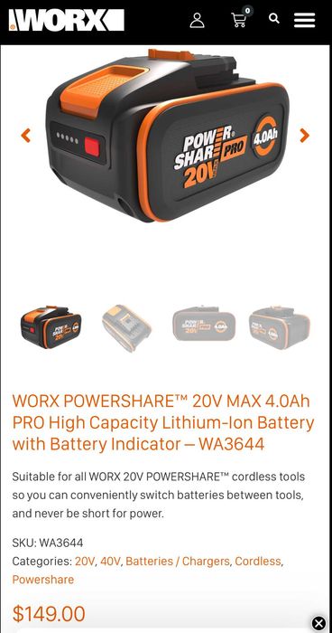 WORX WA3644 - Акумулаторна батерия 20V 4.0Ah 11.2024г.