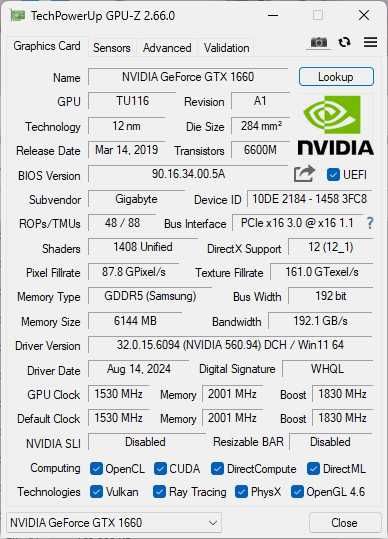 gigabyte nvidia GTX 1660 6GB