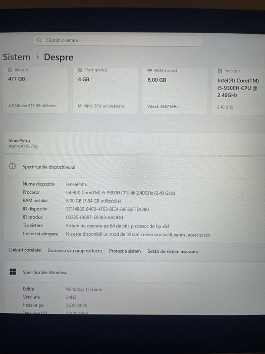 Laptop Acer Aspire SSD 500 nvidia 1650 Ti cpu i5-9h 8gbram