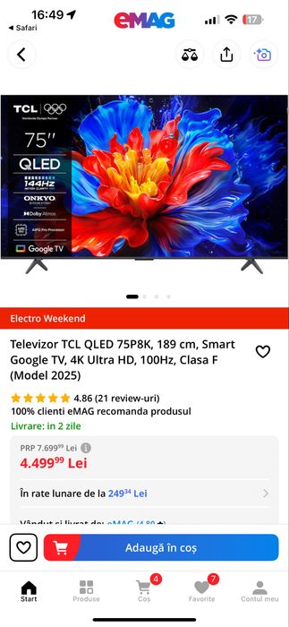 Vand tv tcl 189 cm ultra 120 hz folosita 2 saptamani are folia pe ecra