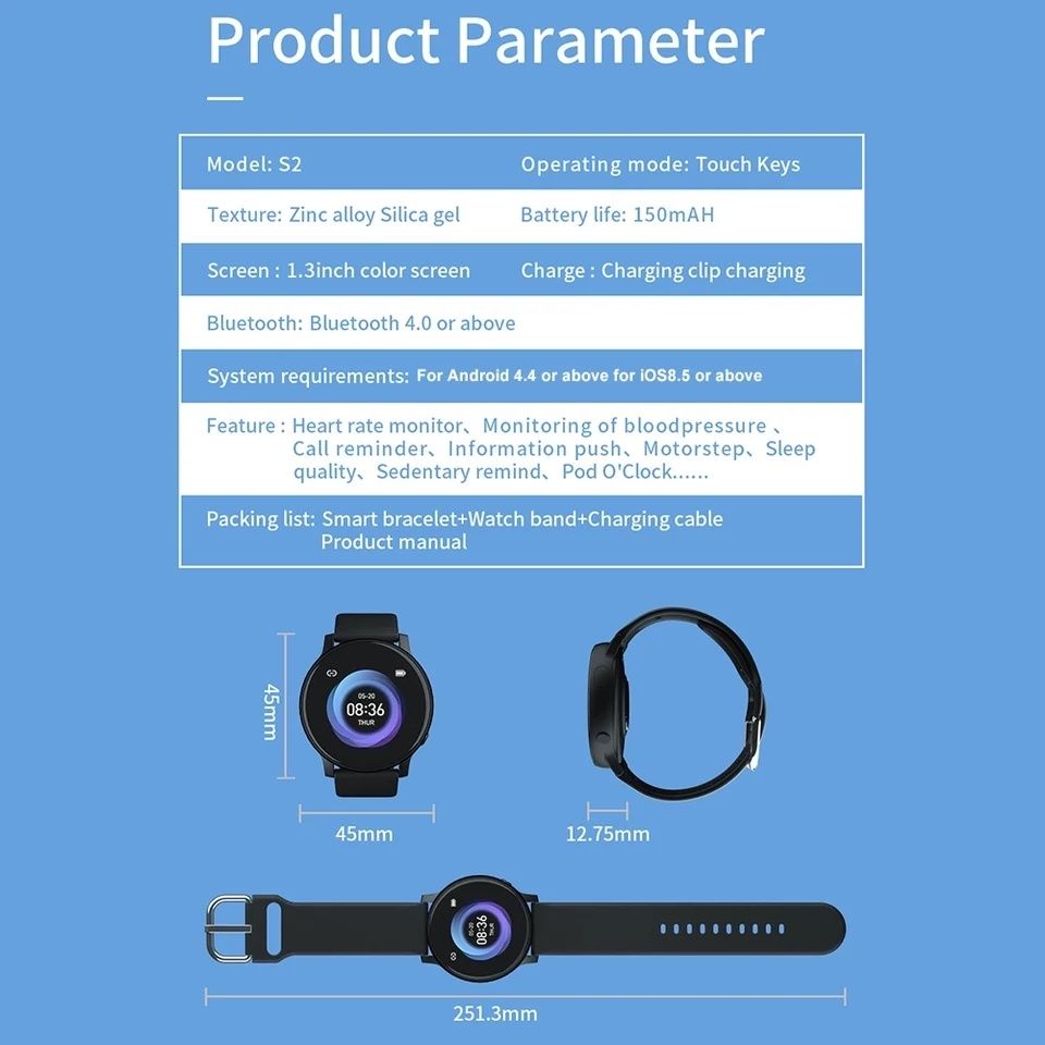 Смарт-часы S2
Фитнес-трекер Ip67 smart soat