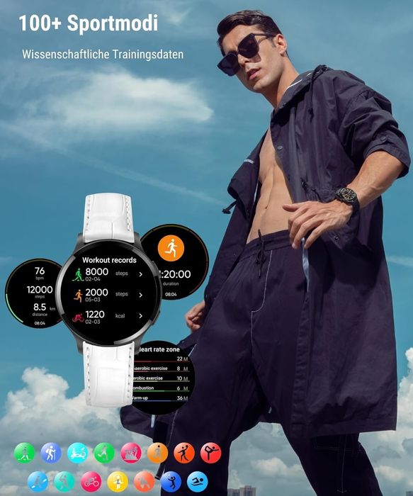 Смарт часовник с 1.5" HD дисплей, Bluetooth разговори, кожена каишка