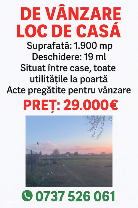 De vanzare loc de casa,  suprafata de 1900 mp, Pret 29.000 euro