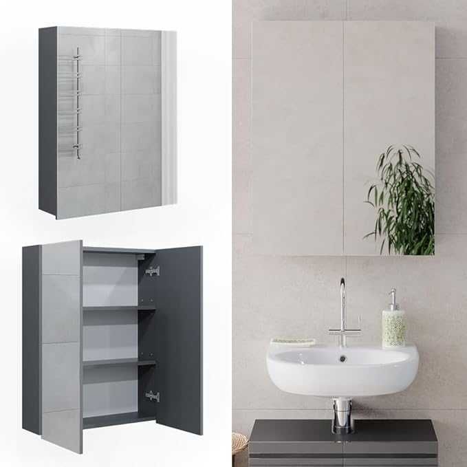 Шкаф с огледало за баня Vicco Фреди, антрацит висок гланц, 60 x 77 см