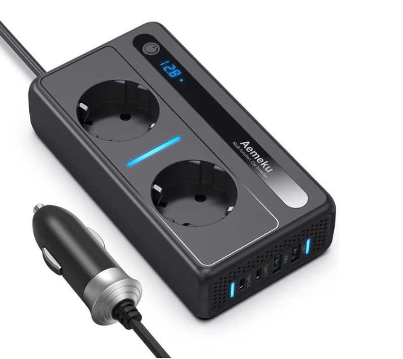 Invertor Auto 12/24 V, Putere 200W/300W, 2 Priza EU, 2 USB, 2 Type-C