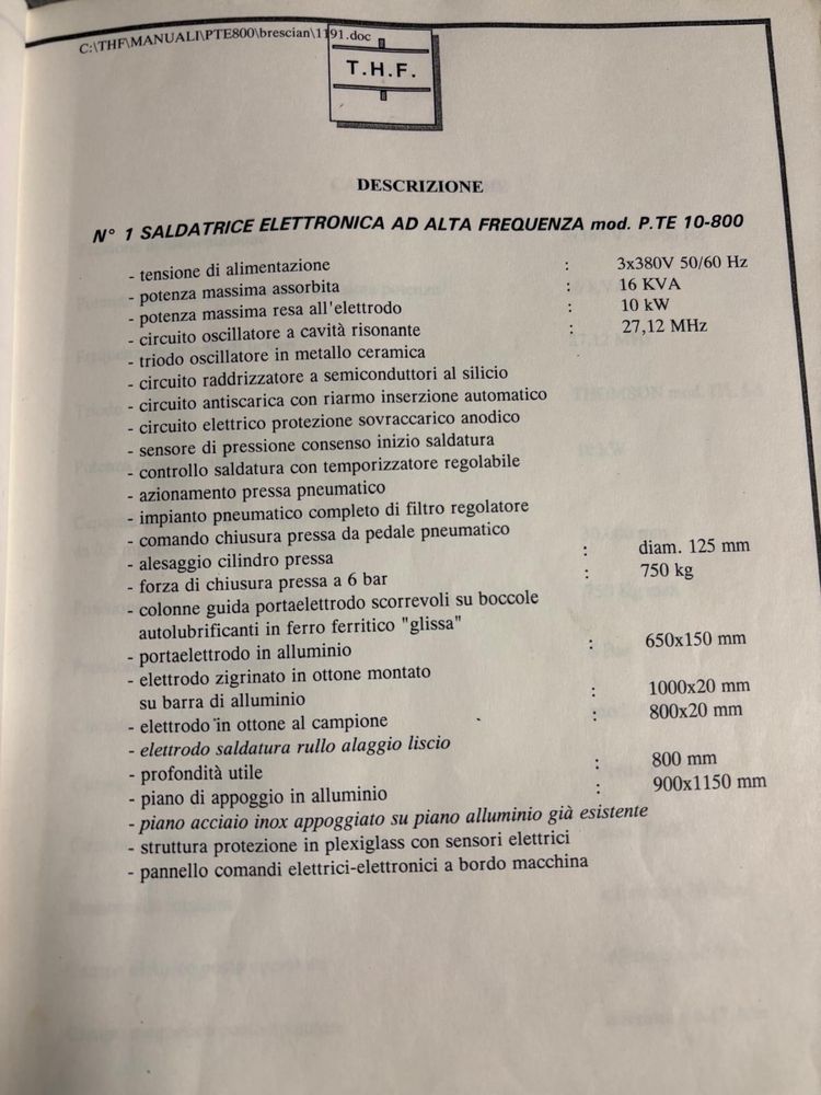 Mașină de sudură electronică cu înaltă frecvență T.H.F. P.TE 10-800