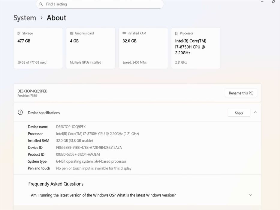 Лаптоп Dell Precision 7530 i7-8750H 2.2GHz/RAM32GB/RadeonProWX4130 4GB