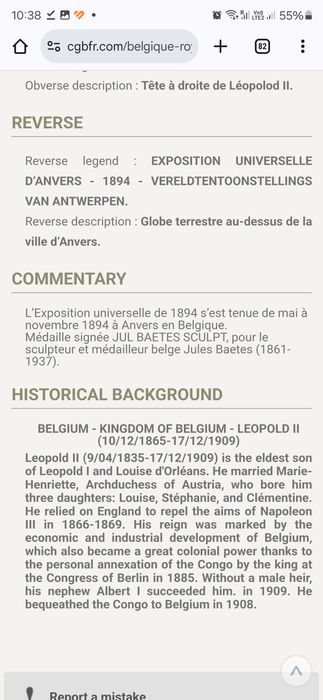 Monedă Istorică Leopold II - 1894 - Roi des belges VERELDTENTOONSTELLI