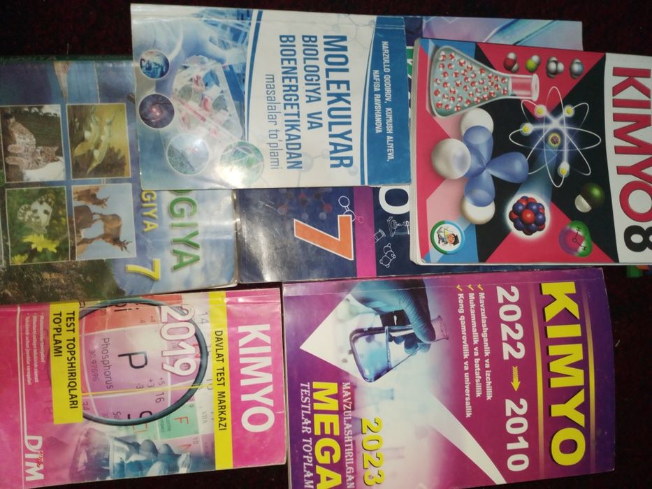 Kimyo ,biologiya darsliklar va test kitoblar hamma sinfniki bor