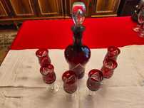 Set cristal roșu Bohemia vintage – carafă + 6 păhărele gravate