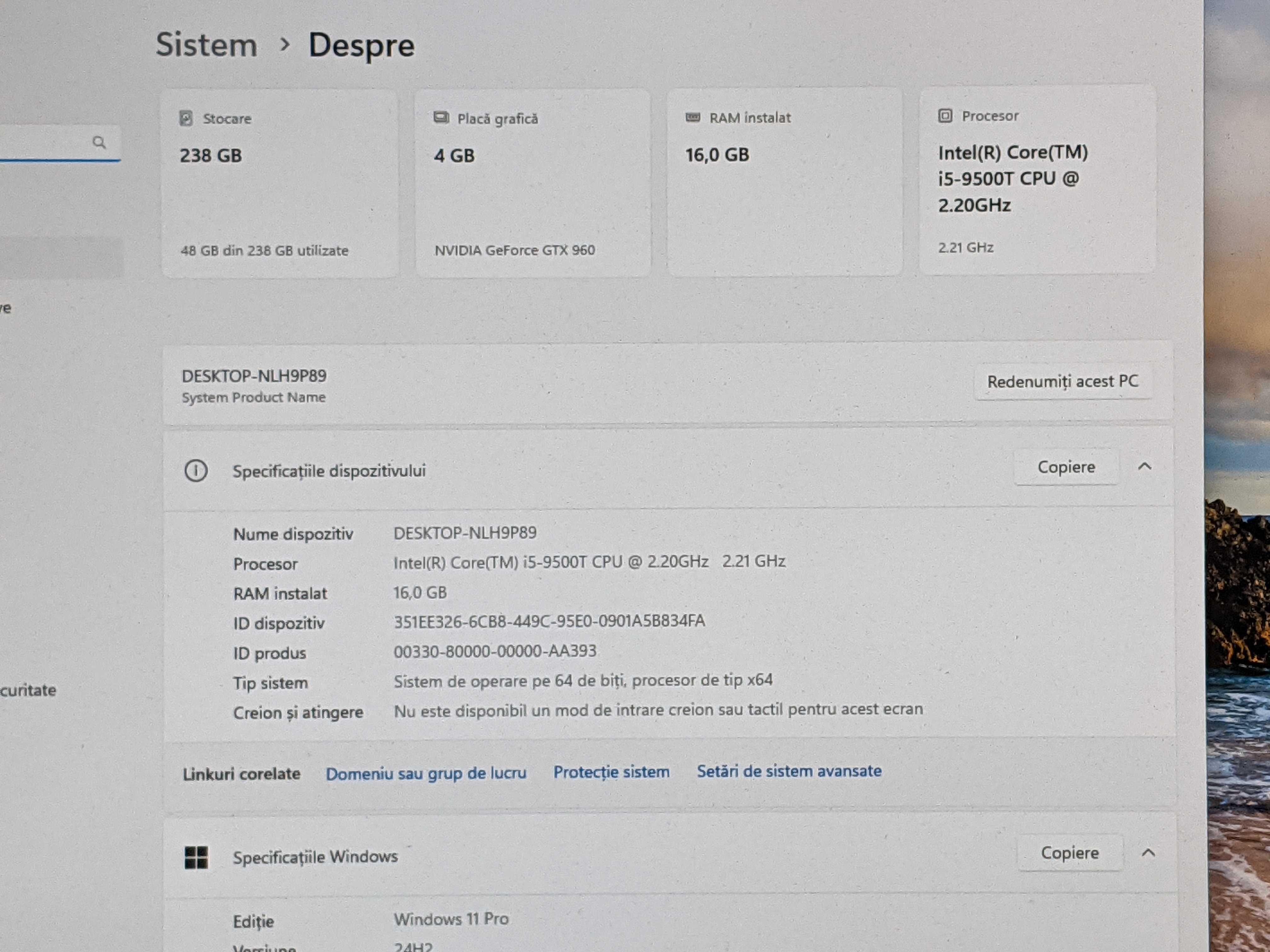 Unitate PC Sistem, Intel i5-9500t/16Gb ram/Nvidia Gtx 960 4 Gb