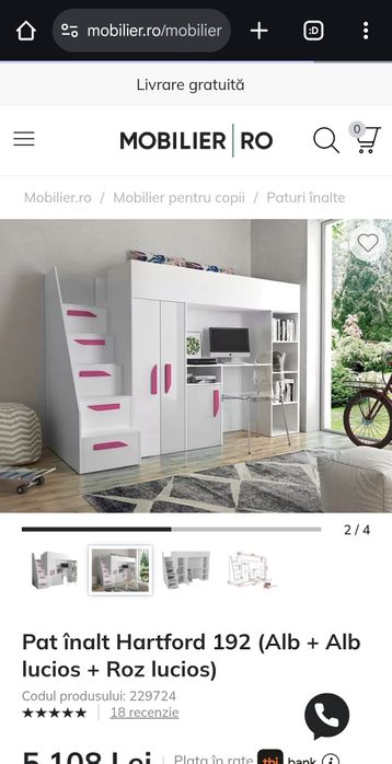 Pat inalt cu birou, mobilier fete
