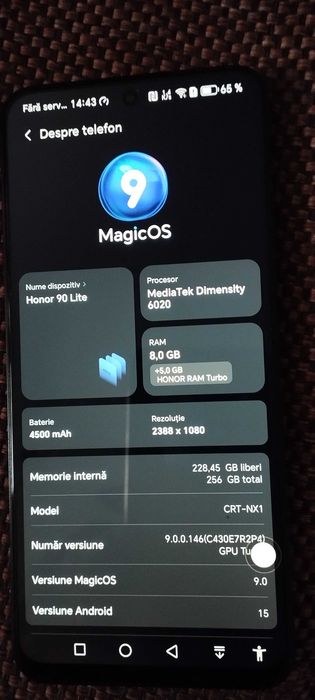 Telefon mobil Honor 90 Lite, 8+5GB RAM, 256GB, Midnight Black