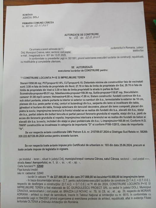 Teren intravilan 1050mp Carcea, proiect și autorizație P+1E