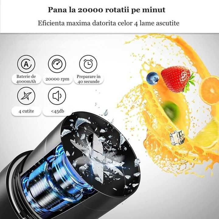 Mini Blender Electric Portabil, 150 W, 4000 mAh, 460 ml, Nou