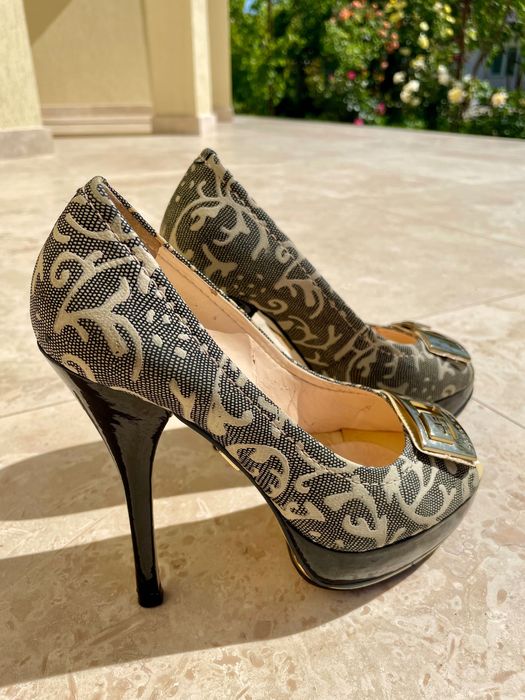 Pantofi eleganți cu toc, 12 și platformă, verde/auriu, 36