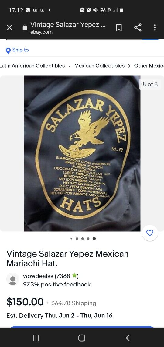 Vintage Salazar Yepez Mexican Mariachi Hat