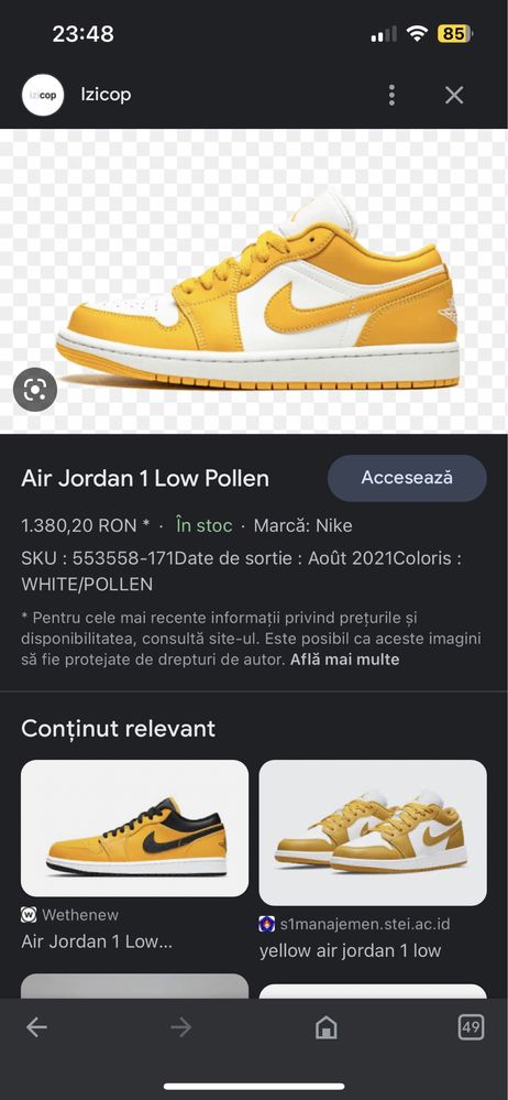 Adidasi Nike Jordan 1 Low Pollen/Yellow White 42,5