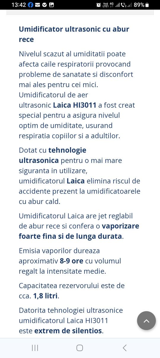 Umidificator laica cu ultrasunete și lumina de veghe