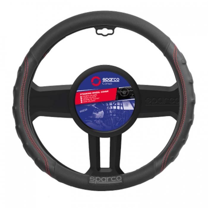 SPARCO кожен калъф за волан 38см – черен, спортен дизайн, универсален