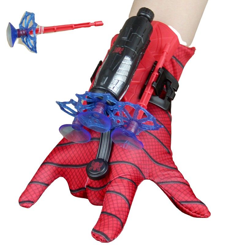 Set costum Spiderman M 110-120 cm si doua manusi cu ventuze si discuri